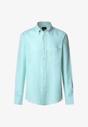 Lichtblauwe blouse met lange mouwen en knopen, voorzien van een kraag, een enkele borstzak en een subtiele textuur. Heeft witte knopen als sluiting.