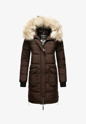Braune gepolsterte Parka-Jacke mit faux fur Kapuze, Reißverschluss vorne, zwei Fronttaschen, gerippte Strickbündchen und einem Design in mittellanger Länge bis zum Oberschenkel.