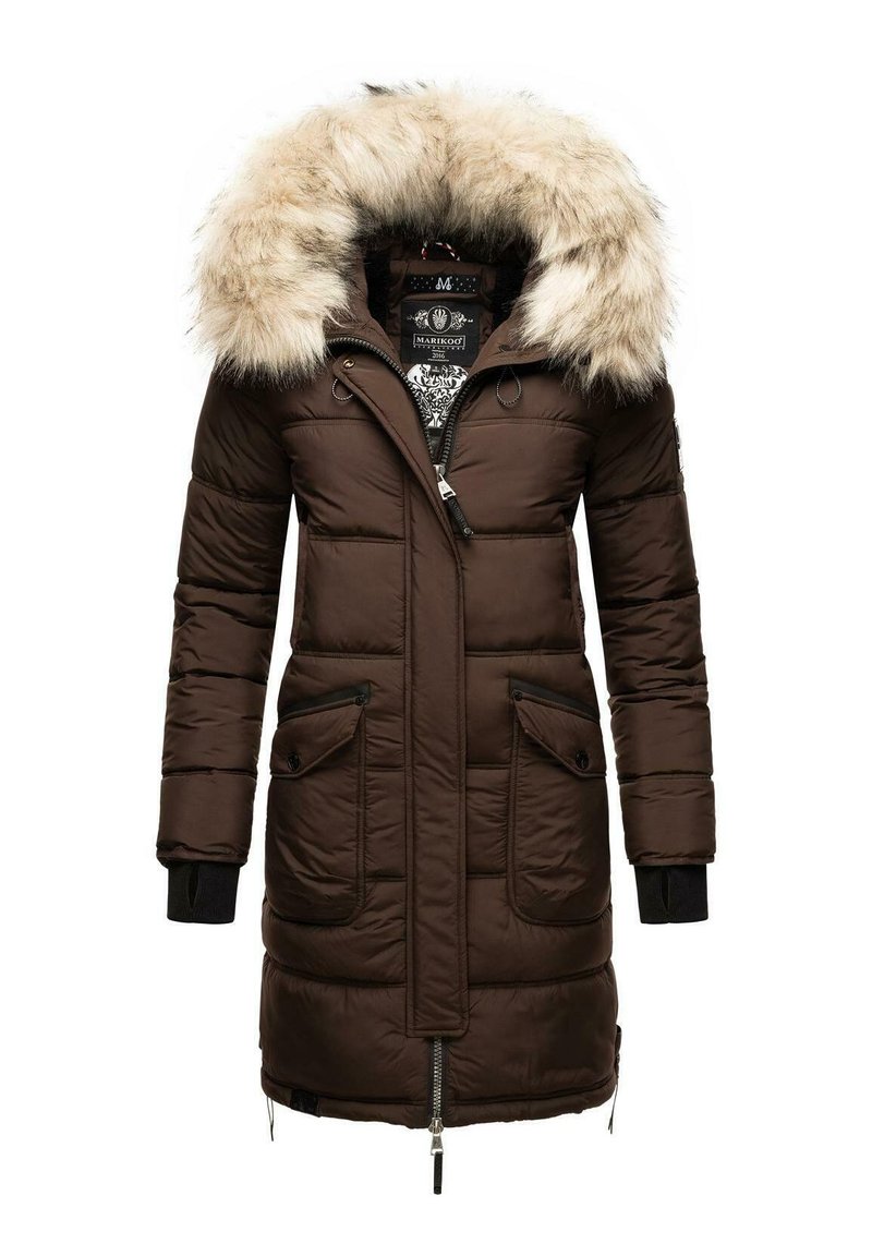 Bruine gewatteerde parka met een nep bontcapuchon, ritssluiting aan de voorkant, twee voorzakken, ribgebreide manchetten en een ontwerp tot halverwege de bovenbenen.