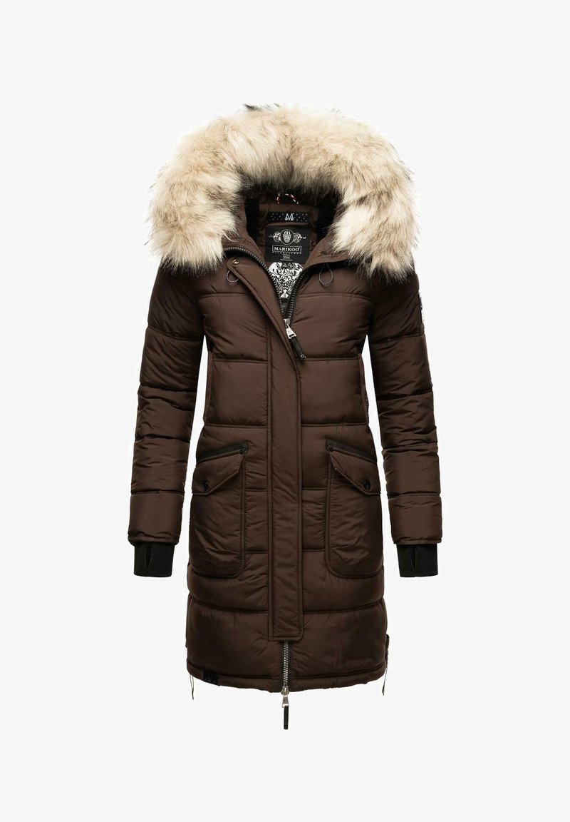 Bruine gewatteerde parka met een nep bontcapuchon, ritssluiting aan de voorkant, twee voorzakken, ribgebreide manchetten en een ontwerp tot halverwege de bovenbenen.
