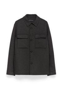 Ciemnoszara kurtka wykonana z wełnianej mieszanki, z zapinanym przodem na guziki, spiczastym kołnierzem i dwiema kieszeniami na klatce piersiowej. Gładka tekstura i dopasowany krój.