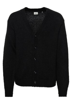 Fekete gyapjú kardigán V-alakú nyakkivágással, hosszú ujjakkal és hat elülső gombbal. Puha textúrája és bordázott mandzsettái, valamint alsó szegélye van.