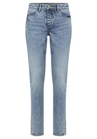 Vaaleansiniset farkut slim fit -mallilla, viiden taskun suunnittelulla, napilla suljettuna ja hienovaraisella kulutuksella. Ominaisuuksiin kuuluvat klassinen ompelu ja keskikorkea vyötärö.