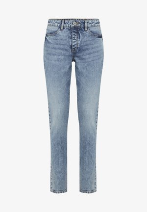 Vaaleansiniset farkut slim fit -mallilla, viiden taskun suunnittelulla, napilla suljettuna ja hienovaraisella kulutuksella. Ominaisuuksiin kuuluvat klassinen ompelu ja keskikorkea vyötärö.