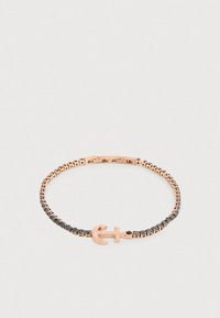 Rózsaarany karkötő texturált láncmintával, fekete kövekkel díszítve és horgony alakú kapoccsal. Elegáns és minimalista.