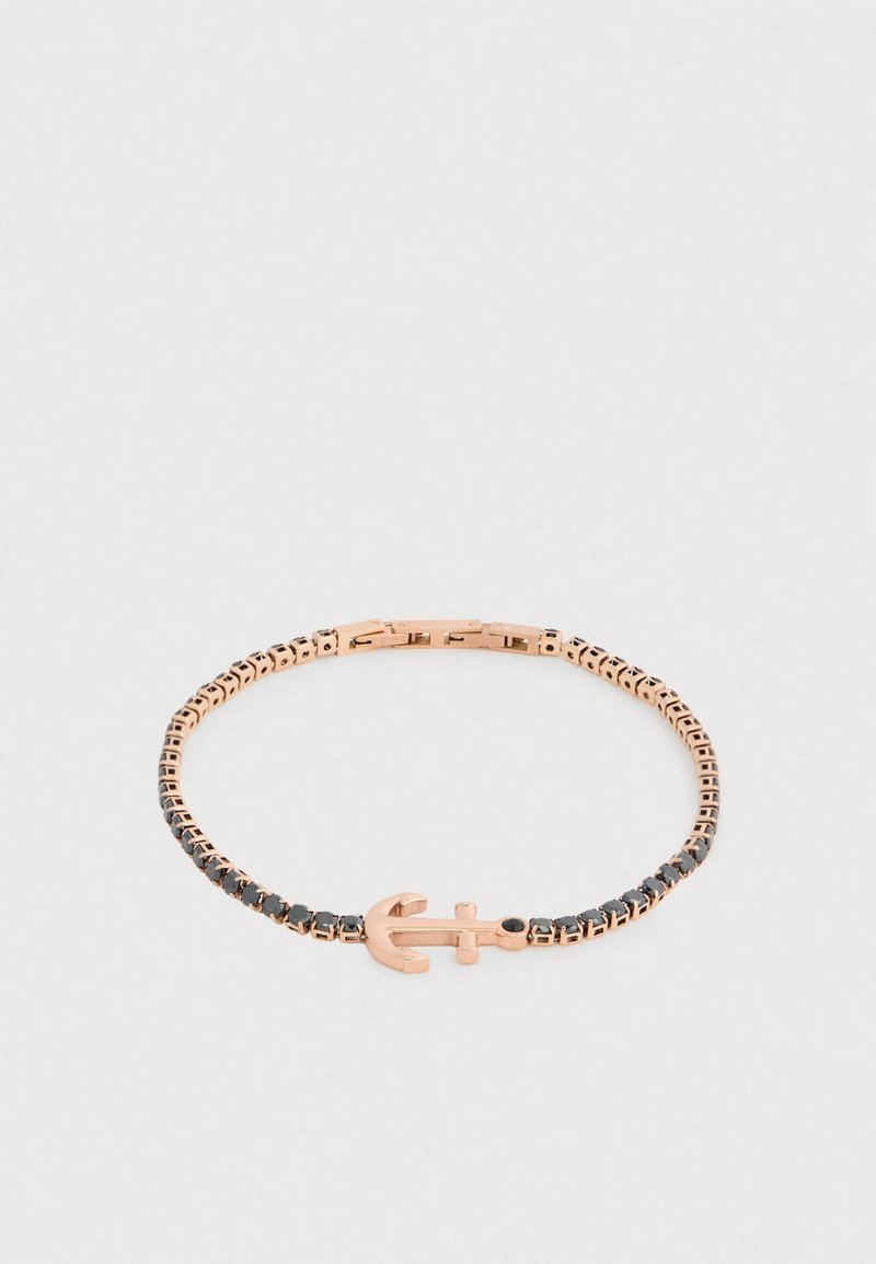 Rózsaarany karkötő texturált láncmintával, fekete kövekkel díszítve és horgony alakú kapoccsal. Elegáns és minimalista.