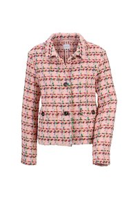 Roze tweed jasje met een gestructureerd patroon en multikleurige accenten, kraag, zwarte knopen, cropped stijl met zakken.