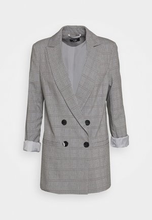 Grey plaid double-breasted blazer with black buttons and rolled-up sleeves, collar lapels, and smooth inner lining.