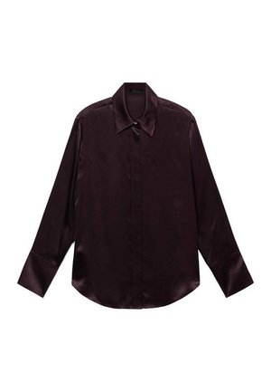 Satin in bordeaux Langarmhemd mit spitzem Kragen, vorderer Knopfverschluss und abgerundetem Saum. Verfügt über eine glatte Textur und eine strukturierte Passform.