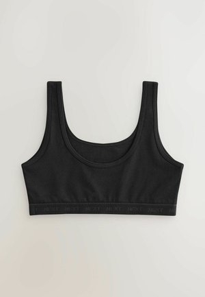 Schwarzer Sport-BH mit Rundhalsausschnitt und breiten Trägern. Aus glattem Material gefertigt, mit einem contrasting Band, das das "NEXT"-Logo zeigt.