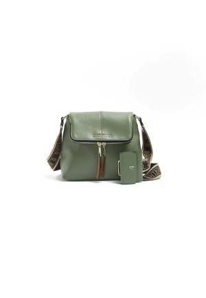 Green leather crossbody bag with front flap, gold zipper details, branded adjustable strap, and matching small wallet.