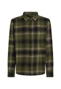 Groene en zwarte geruite flanellen shirt met een knoopsluiting kraag, dubbele borstzakken en lange mouwen. Getextureerde stof met een klassiek patroon.
