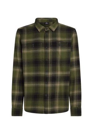 Groene en zwarte geruite flanellen shirt met een knoopsluiting kraag, dubbele borstzakken en lange mouwen. Getextureerde stof met een klassiek patroon.