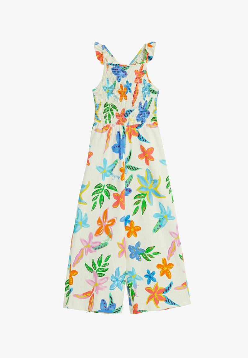 Bloemige kinderoverall met kleurrijke bloem- en bladvormen op een witte achtergrond. Heeft een gerimpelde borst en ruffles op de schouderbanden.