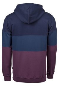 Sudadera con capucha en paneles de color azul marino, verde azulado y burdeos. Tejido suave, corte regular, con puños y dobladillo de canalé. Presenta una costura central en la parte posterior.