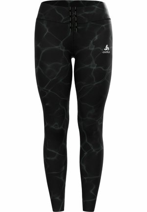Black leggings featuring a marbled pattern with lighter gray accents, made from a stretchy material, with a high waist and logo on the front.