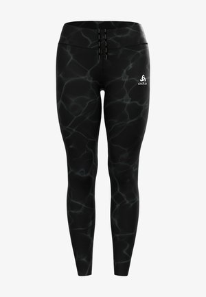 Black leggings featuring a marbled pattern with lighter gray accents, made from a stretchy material, with a high waist and logo on the front.