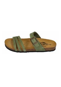 Green leather sandal with three straps, brown suede footbed, and black rubber sole. Features a metal buckle for adjustment.