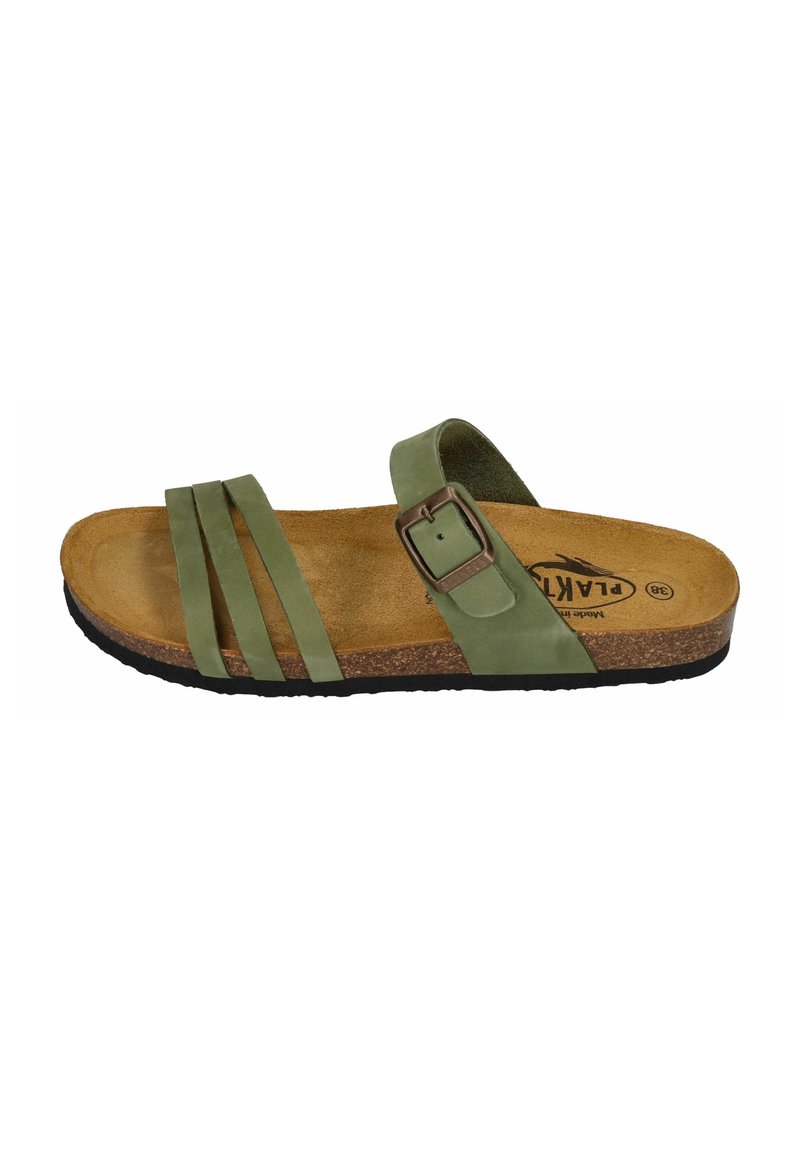 Green leather sandal with three straps, brown suede footbed, and black rubber sole. Features a metal buckle for adjustment.