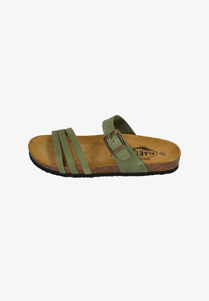 Green leather sandal with three straps, brown suede footbed, and black rubber sole. Features a metal buckle for adjustment.