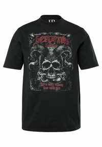 Sort bomulds t-shirt med et grafisk design af et kranie, horn og sætningen "Slanger og Stål," med hvide og røde accenter.