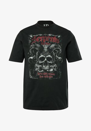 Czarny bawełniany t-shirt z grafiką czaszki, rogów oraz napisem "Węże i Stal" z białymi i czerwonymi akcentami.