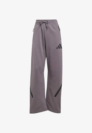Gray sweatpants with an elastic waistband, drawstring, and side zip pockets. Features black accent stripes and triangular logo on the side.