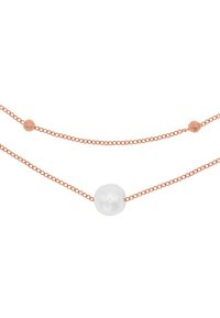 Collier en or rose composé de deux chaînes délicates, l'une avec une perle blanche lisse et une petite perle d'accent ronde en or rose.