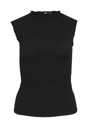 Haut sans manches noir texturé avec manches courtes et col rond haut, taille cintrée et tissu subtilement extensible.