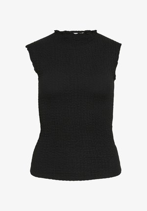 Haut sans manches noir texturé avec manches courtes et col rond haut, taille cintrée et tissu subtilement extensible.
