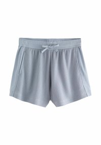 Shorts di colore azzurro chiaro con texture a waffle, dotati di vita elasticizzata, dettaglio con coulisse e due tasche laterali. Design morbido e casual, adatto per un abbigliamento rilassato.