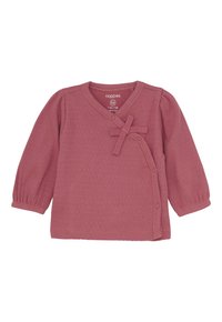 Langärmliges Ripp-T-Shirt für Babys in gedämpftem Rosaton mit seitlichen Druckknöpfen und einer dekorativen Stoffschleife auf der Brust.
