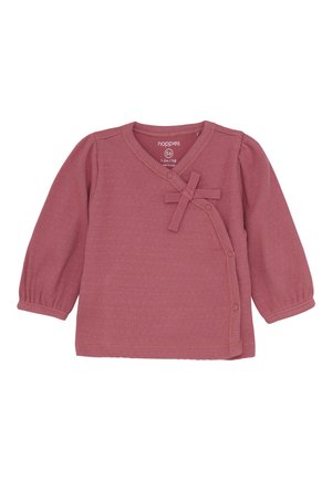 Langärmliges Ripp-T-Shirt für Babys in gedämpftem Rosaton mit seitlichen Druckknöpfen und einer dekorativen Stoffschleife auf der Brust.