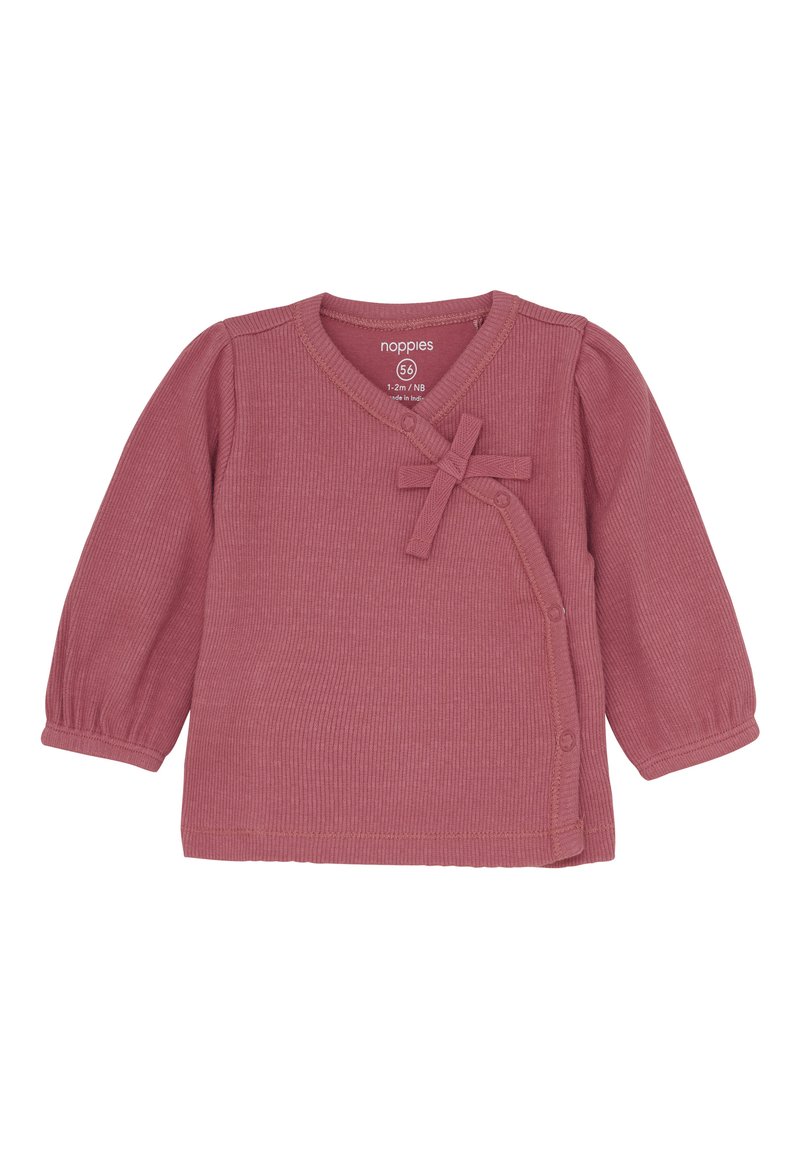 Langärmliges Ripp-T-Shirt für Babys in gedämpftem Rosaton mit seitlichen Druckknöpfen und einer dekorativen Stoffschleife auf der Brust.