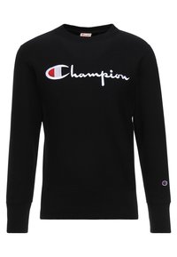Felpa nera in cotone, con il grande logo bianco "Champion" sulla parte anteriore e un piccolo patch del logo sulla manica destra.