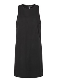Bez rankovi juodas suknelė su apvalia iškirpte ir paslėptu užtrauktuku nugaroje. Pagaminta iš lygaus audinio, turi tiesią siluetą.