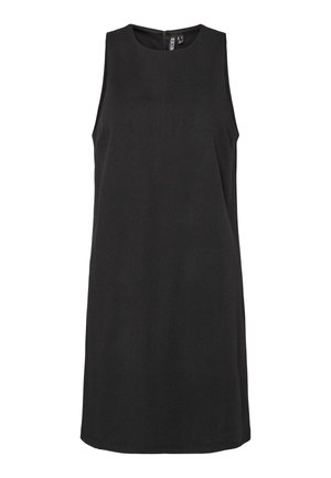 Ärmelloses schwarzes Kleid mit rundem Ausschnitt und unsichtbarem Reißverschluss auf der Rückseite. Hergestellt aus glattem Stoff, hat es eine gerade Silhouette.