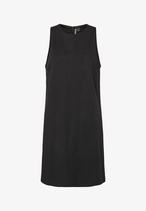 Črna obleka brez rokavov s krožnim izrezom in skritim zadrgo na hrbtu. Narejena iz gladkega materiala, ima raven kroj.