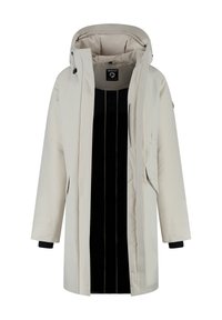 Licht beige lange winterjas met een capuchon, zwarte binnenvoering, ritssluiting en zakdetails, en verlengde boorden met zwarte binnenmouwen.