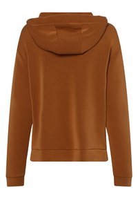 Bruine hoodie met een relaxte pasvorm, voorzien van een verstelbare capuchon, lange mouwen en een soepele textuur. Eenvoudig ontwerp zonder patronen of accenten.