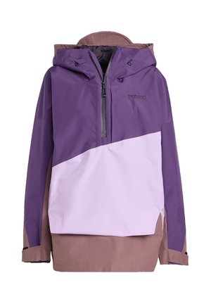 Vedenpitävä violetti ja vaaleanpunainen takki hupulla, puolivetoketjulaulu edessä ja säädettävillä ominaisuuksilla. Valmistettu sileästä ja kestävästä kankaasta.