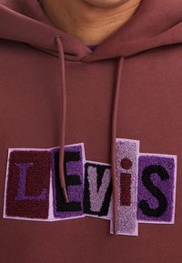 Detailní záběr na vínový mikinu s kapucí, na které jsou na hrudi umístěna pestrobarevná texturovaná písmena tvořící nápis "LEVI'S", a odpovídající tkaničky.