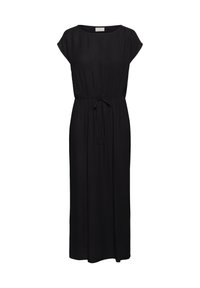 Black maxi dress with a relaxed fit, short cap sleeves, gathered waist, and adjustable tie. Made from soft, lightweight fabric.
