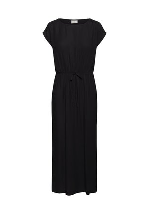 Black maxi dress with a relaxed fit, short cap sleeves, gathered waist, and adjustable tie. Made from soft, lightweight fabric.