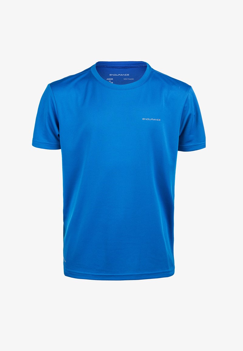 Blå kortärmad sporttröja tillverkad av 100% polyester med en slät yta, med rund halsringning och diskret reflekterande logotypdetalj.