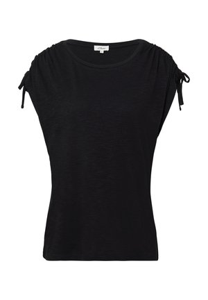 Top corto da donna nero a maniche corte con dettagli arricciati e legati sulle spalle, scollatura rotonda e vestibilità aderente.