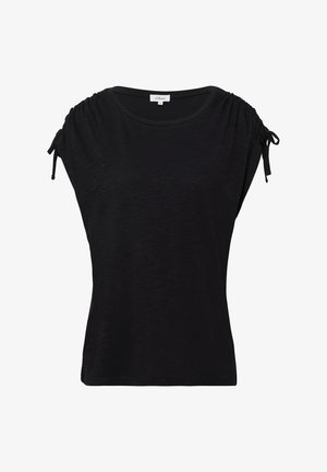 Black short-sleeve women's top with gathered and tied details on shoulders, round neckline, and a slim fit.