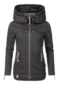 Black jacket with a large hood, two side zippered pockets, and contrasting brown accents. Features a full front zipper and adjustable drawstrings.