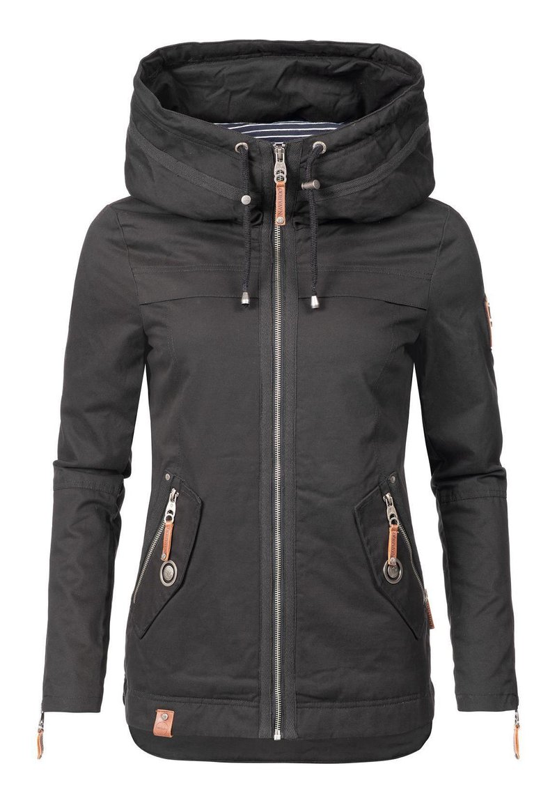 Black jacket with a large hood, two side zippered pockets, and contrasting brown accents. Features a full front zipper and adjustable drawstrings.