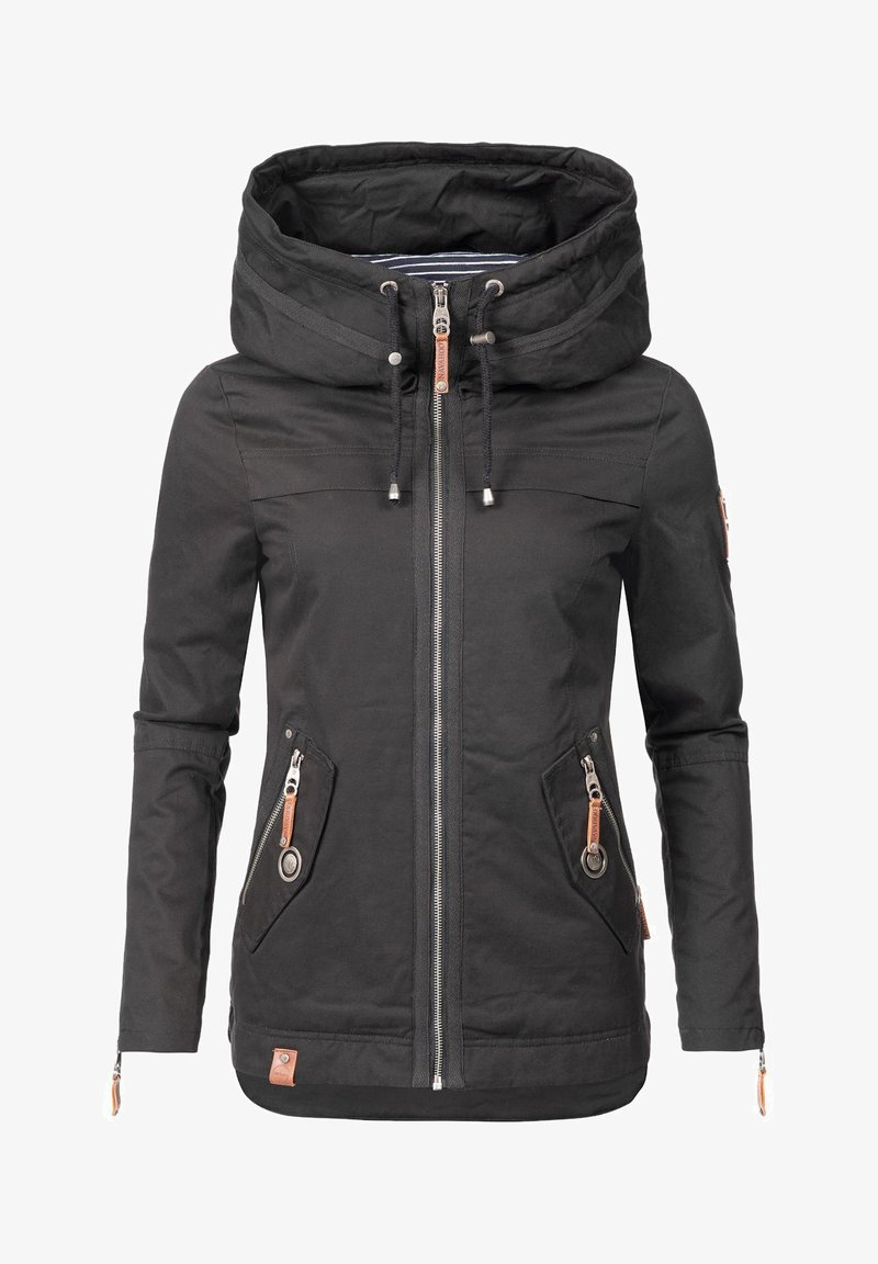 Black jacket with a large hood, two side zippered pockets, and contrasting brown accents. Features a full front zipper and adjustable drawstrings.